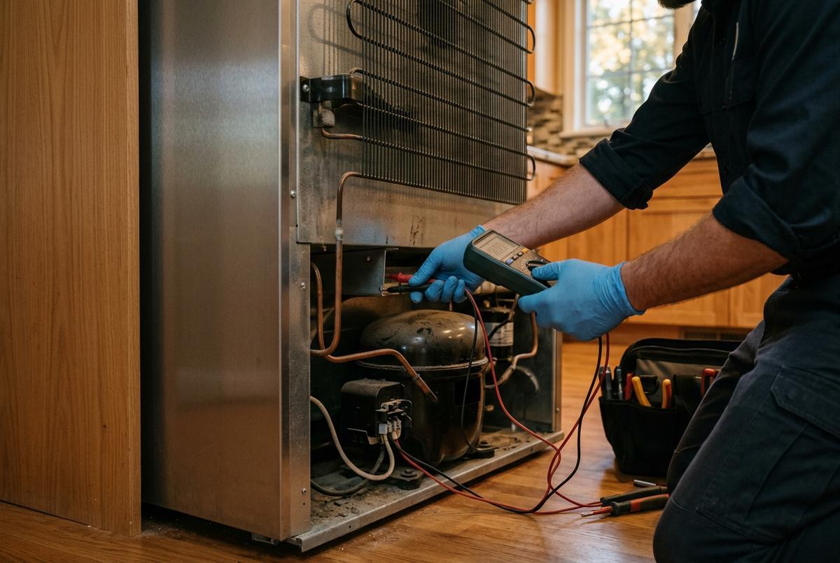 Refrigerator Repair technician at work